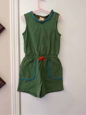 Boden Green Sleeveless Romper with Blue Trim and Orange Tie